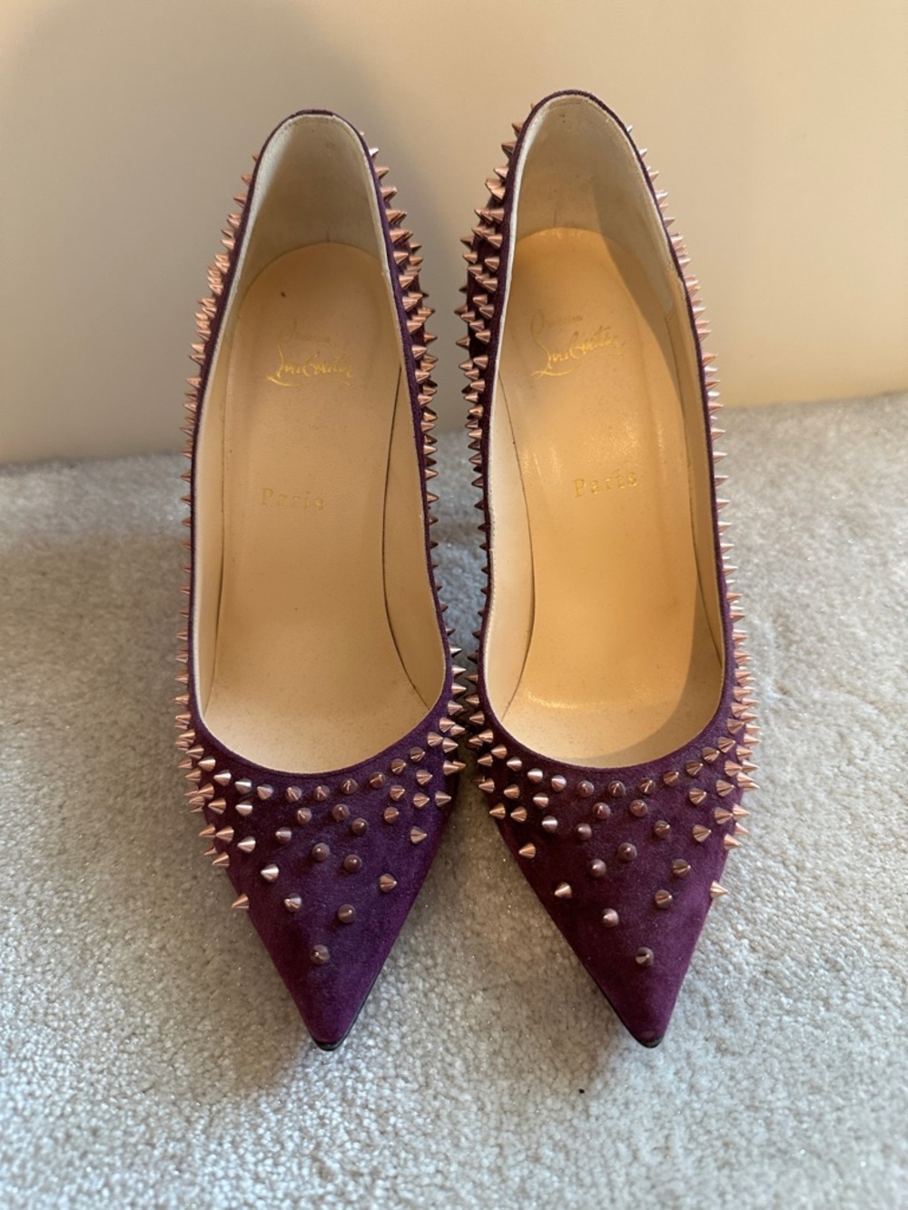 Christian Louboutin Plum Suede Spike-Embellished Pointed Pumps